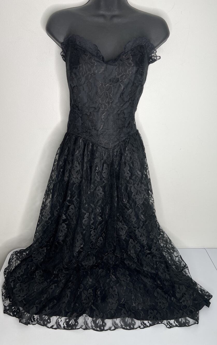 Vintage Superstition Black Lace Strapless Dress Sweetheart Neckline TAG SZ 13/14
